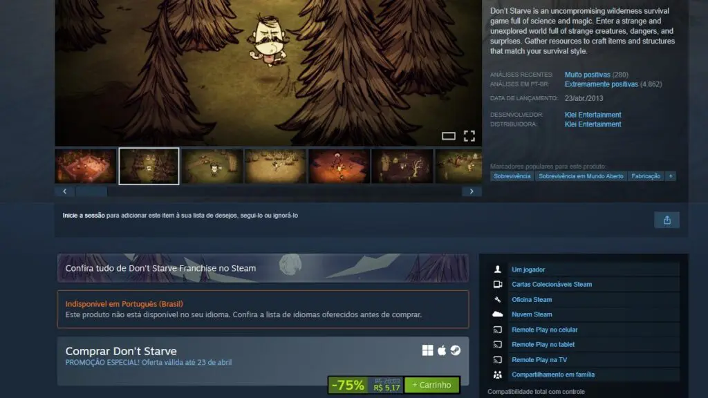 Don't Starve em promoção no Steam