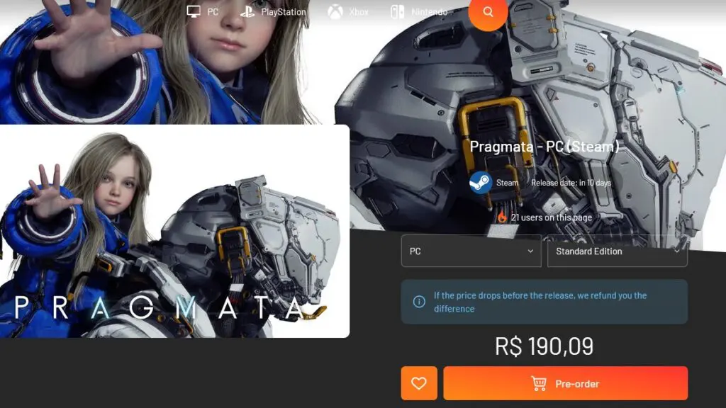 Página da promoção de Pragmata