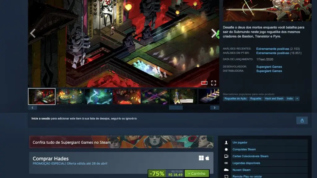 Página de Hades no Steam