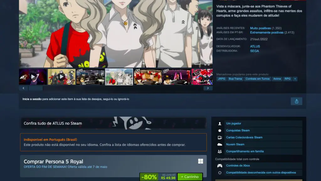 Página de Persona 5 Royal no Steam