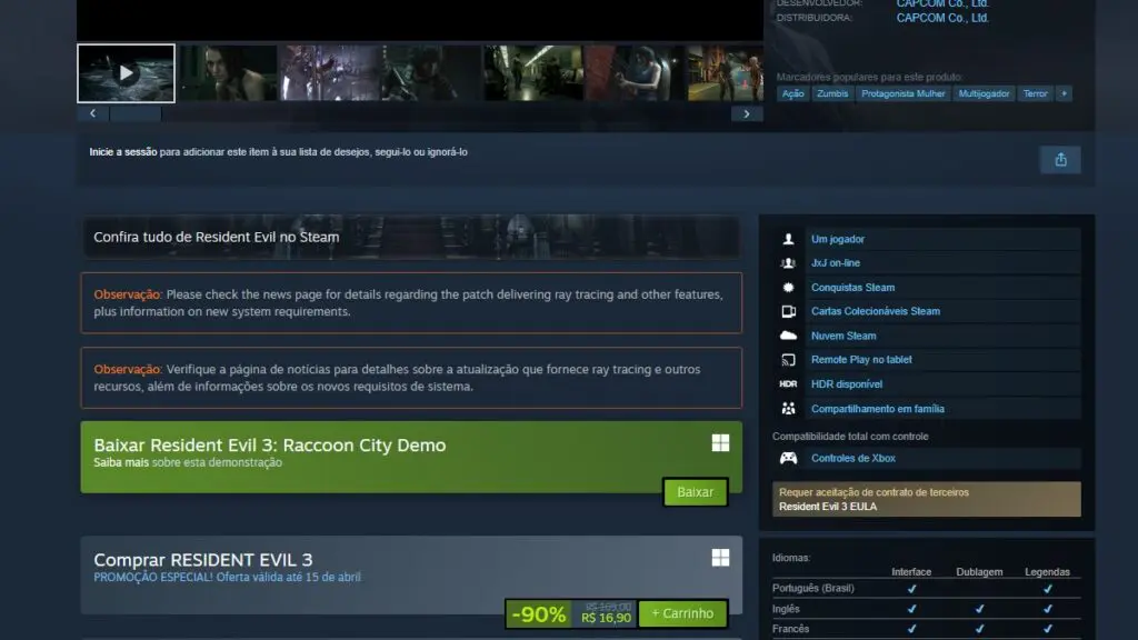 Página de Resident Evil 3 no Steam