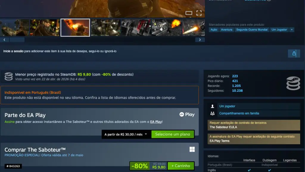 Página de The Saboteur no Steam