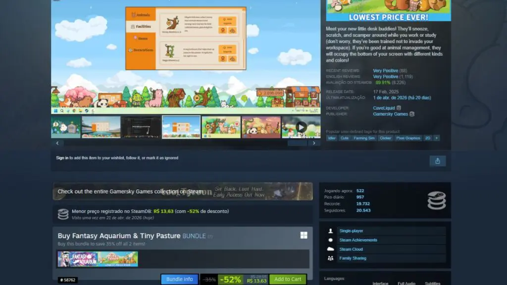 Página de Tiny Pasture no Steam