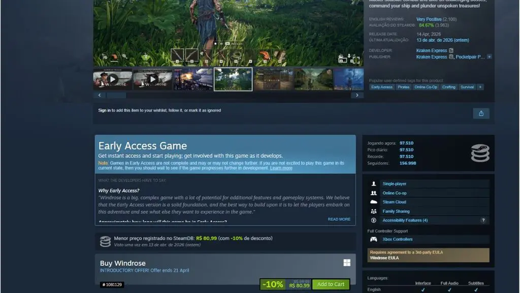 Página de Windrose no Steam