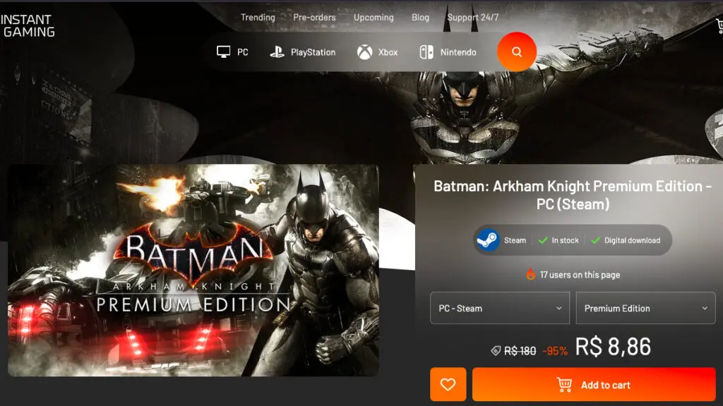 Página de Batman: Arkham Knight Premium Edition na Instant Gaming