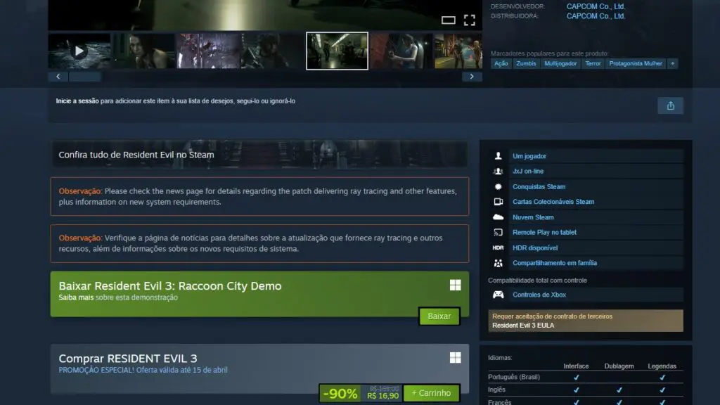 Página de Resident Evil 3 no Steam