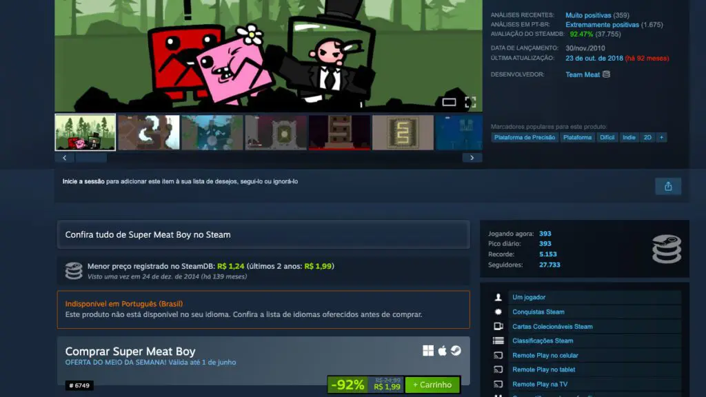 Página de Super Meat Boy no Steam