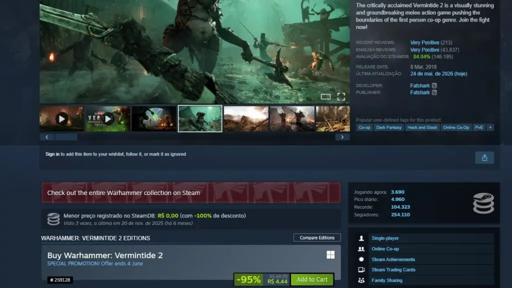Página de Warhammer Vermintide 2 no Steam