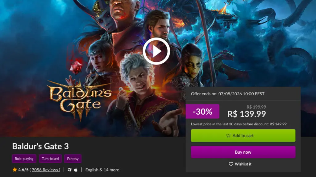 Página de Baldur's Gate 3 no GOG