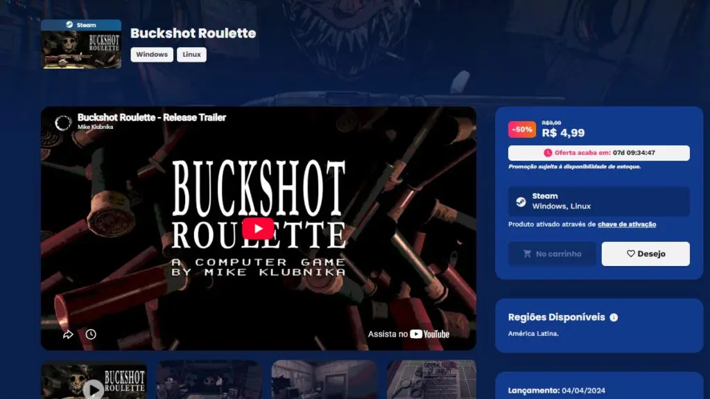 Página de Buckshot Roulette na Nuuvem