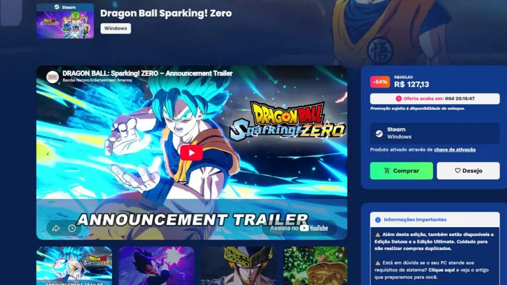 Página de Dragon Ball Sparking! Zero na Nuuvem