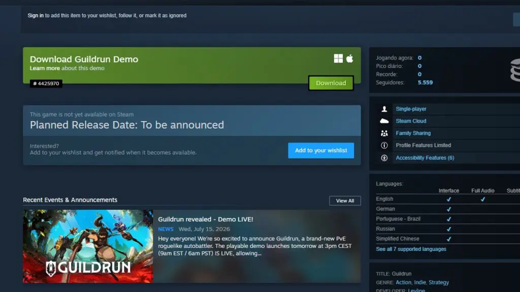 Página de Guildrun no Steam