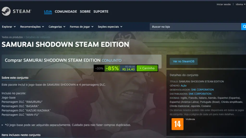 Página de SAMURAI SHODOWN STEAM EDITION