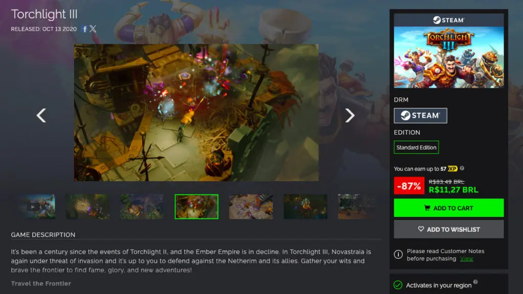Página de Torchlight III na Green Man Gaming