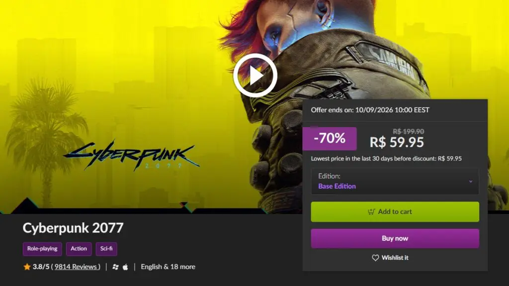 Página de Cyberpunk 2077 no GOG