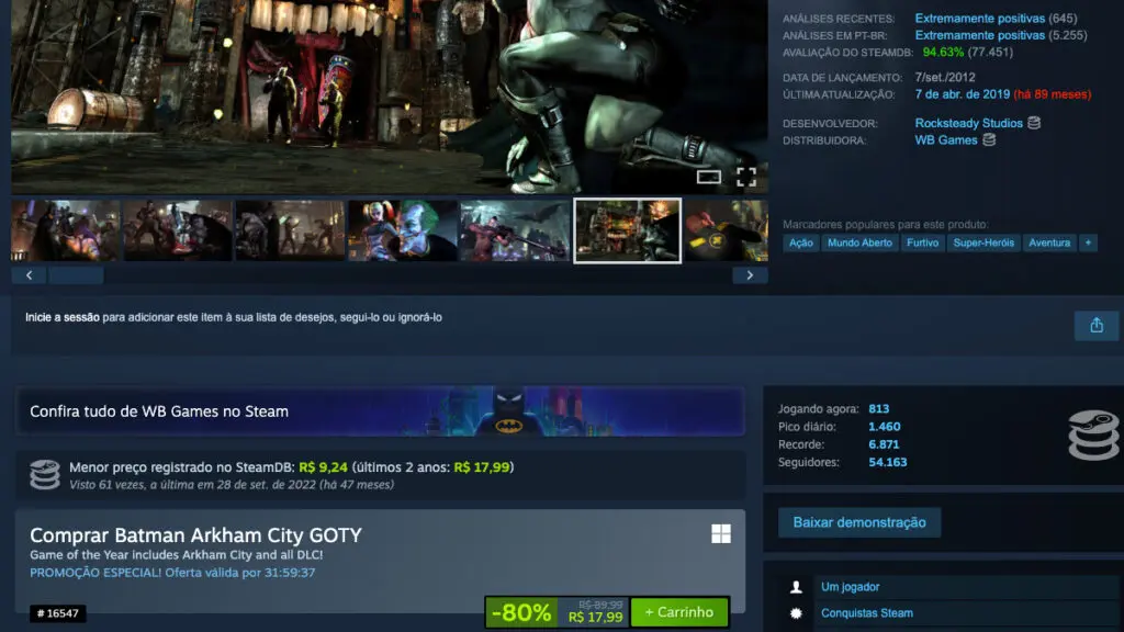 Página de Batman: Arkham City - Game of the Year Edition no Steam