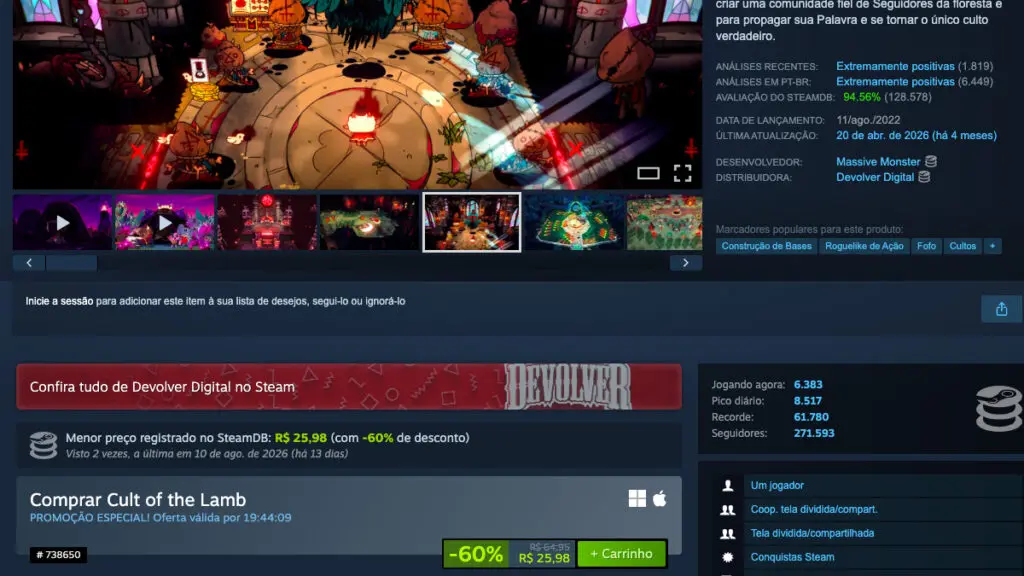 Página de Cult of the Lamb no Steam