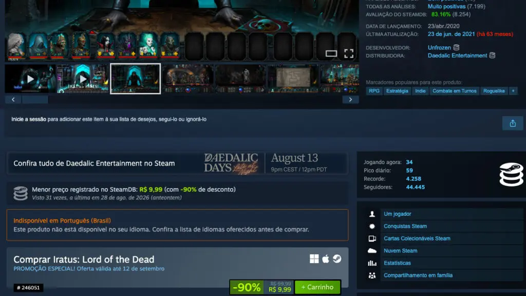 Página de Iratus: Lord of the Dead no Steam