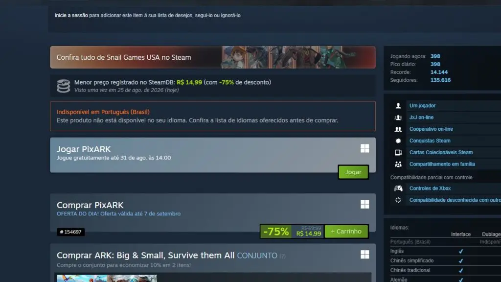 Página de PixARK no Steam