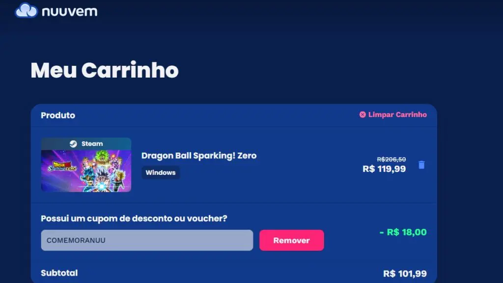 Página de Dragon Ball Sparking! Zero na Nuuvem