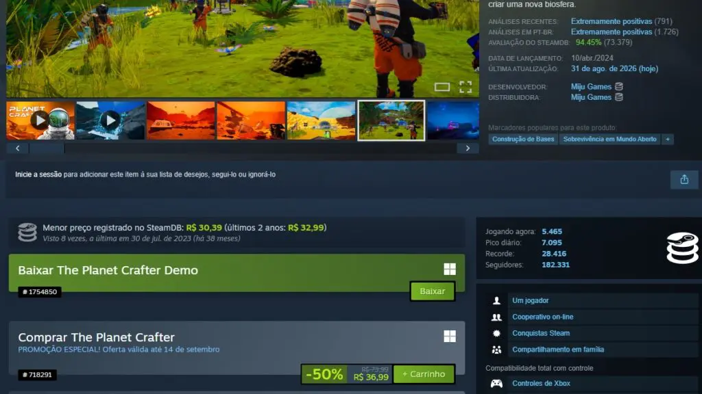 Página de The Planet Crafter no Steam