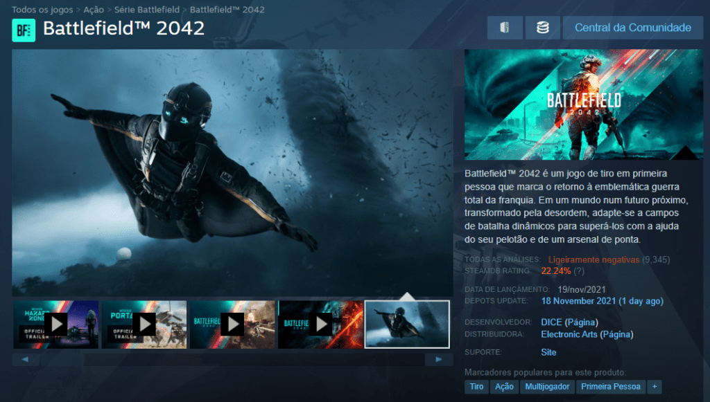 Battlefield 2042 já é atualmente o jogo mais vendido na Steam