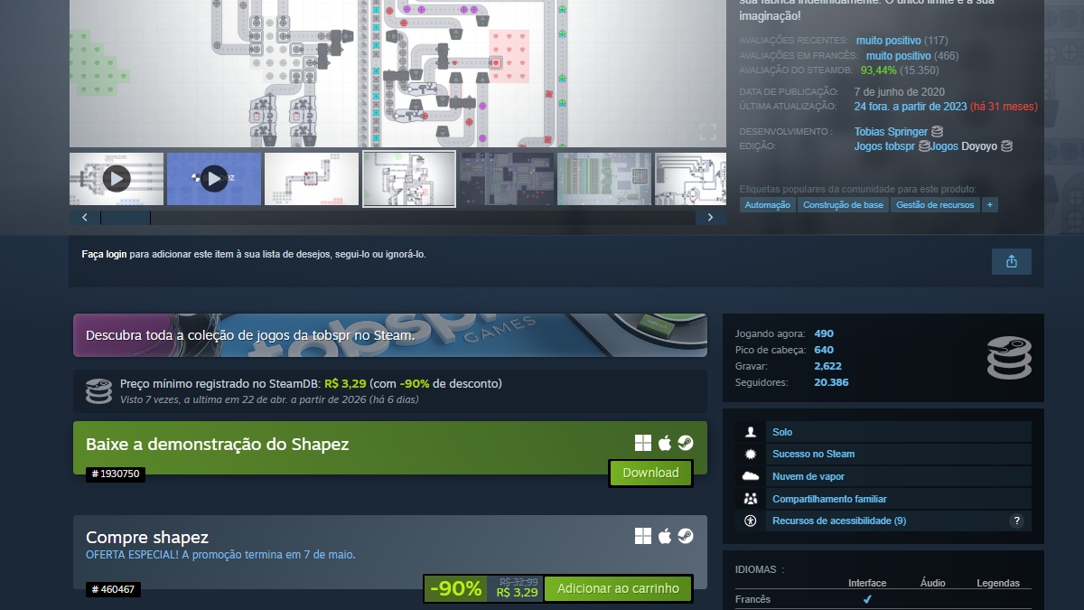 Página da promoção de Shapez no Steam