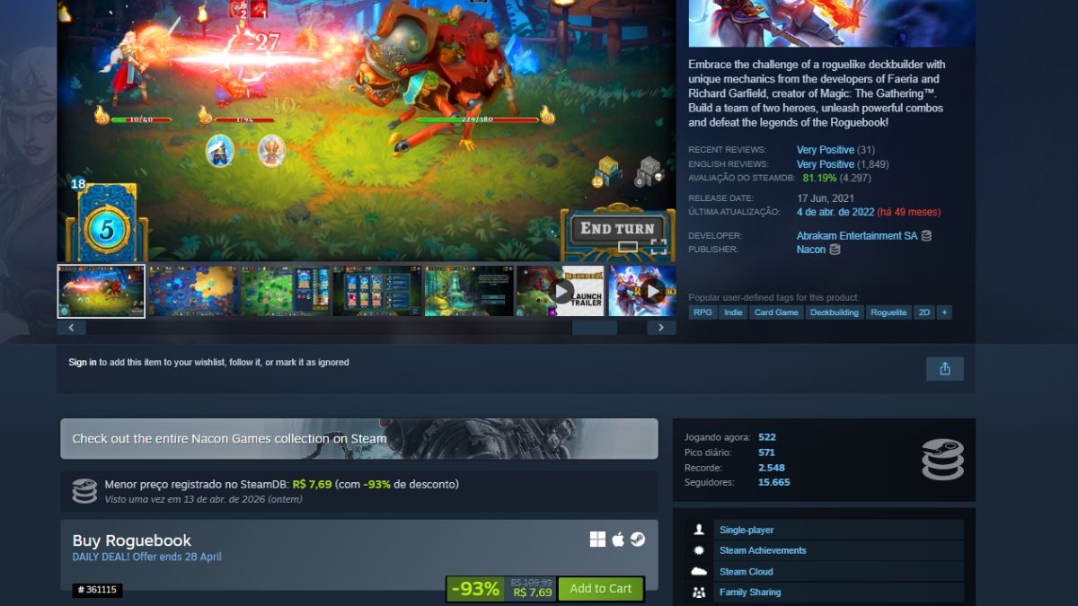 Página de Roguebook no Steam