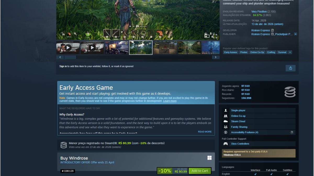 Página de Windrose no Steam