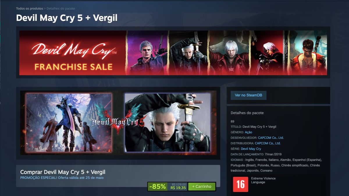 Página de Devil May Cry 5 + Vergil no Steam