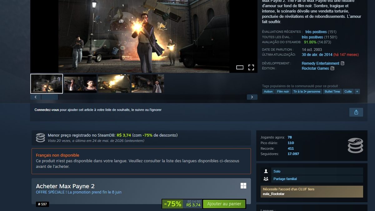 Página de Max Payne 2 no Steam