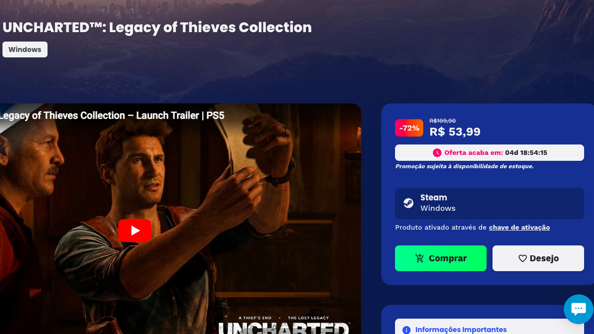 Página de UNCHARTED: Coleção Legado dos Ladrões na Nuuvem