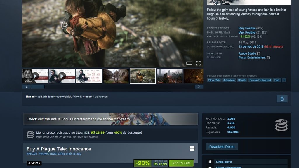Página de A Plague Tale Innocence no Steam