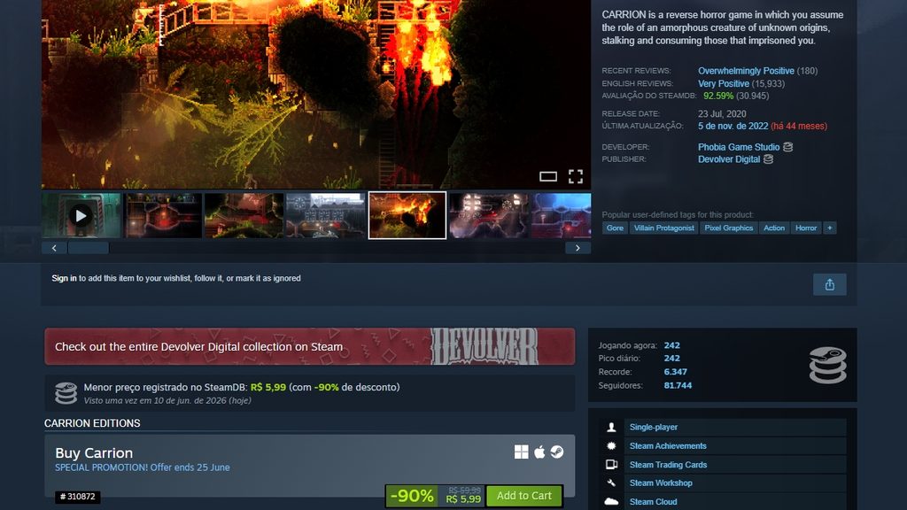 Página de CARRION no Steam