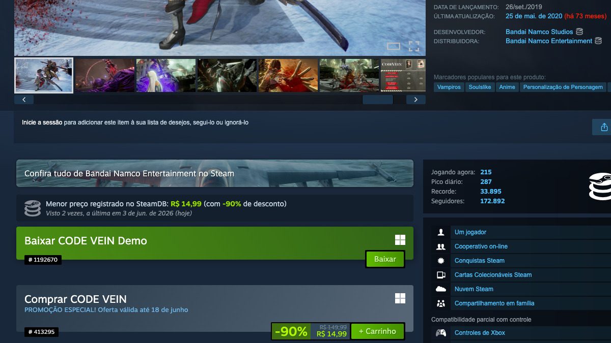 Página de CODE VEIN no Steam