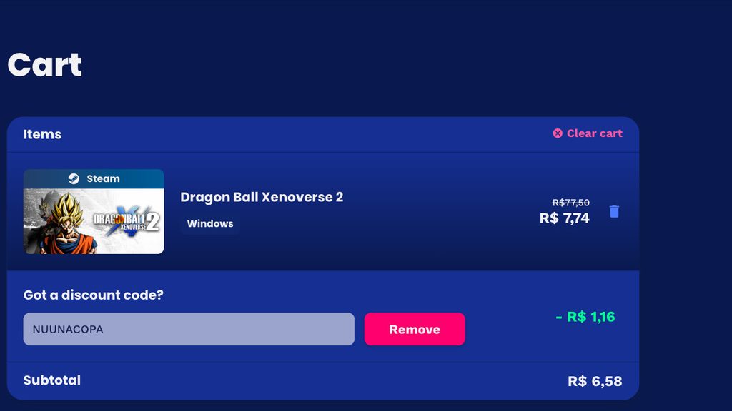 Página de DRAGON BALL XENOVERSE 2 na Nuuvem