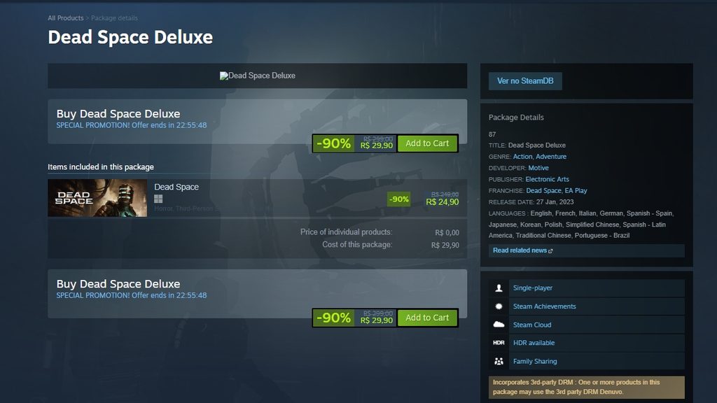 Página de Dead Space Deluxe Edition no Steam