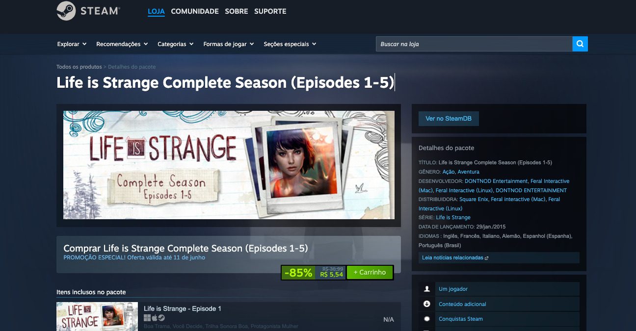 Página de Life is Strange Complete Season no Steam