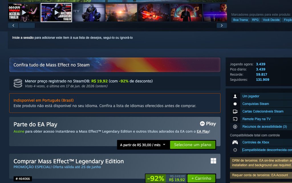 Página de Mass Effect Legendary Edition no Steam