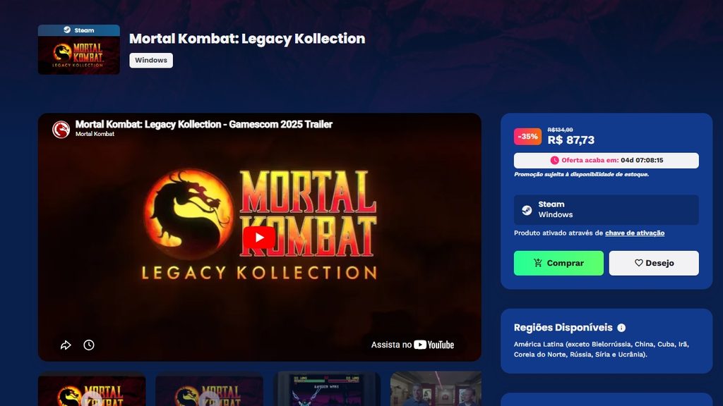 Página de Mortal Kombat: Legacy Kollection na Nuuvem