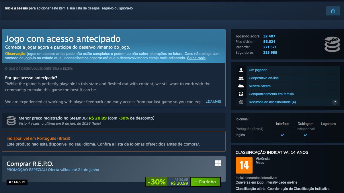 Página de R.E.P.O. no Steam