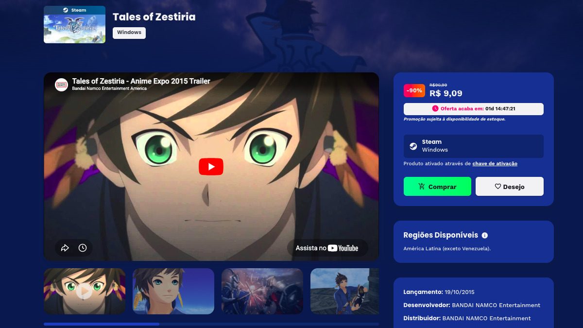 Página de Tales of Zestiria na Nuuvem