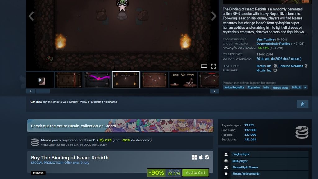 Página de The Binding of Isaac Rebirth no Steam