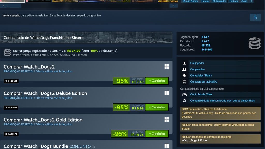 Página de Watch Dogs 2 Deluxe Edition no Steam