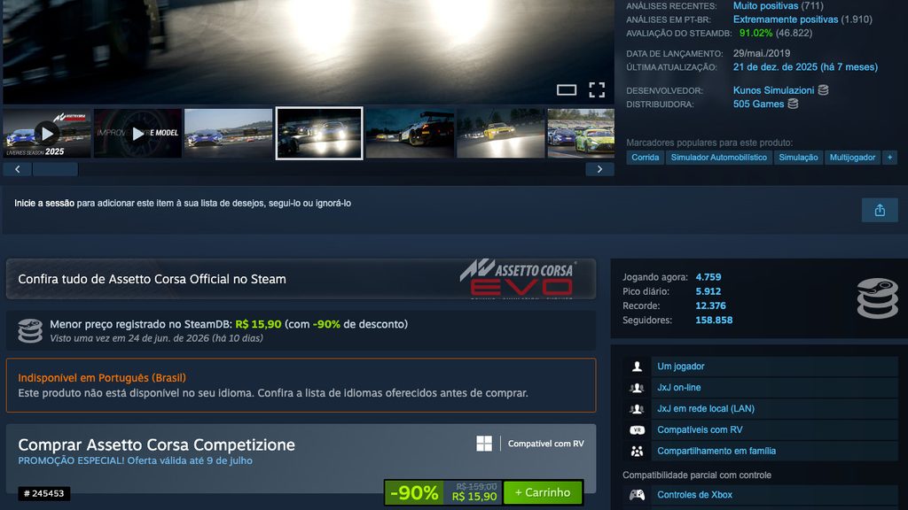 Página de Assetto Corsa Competizione no Steam
