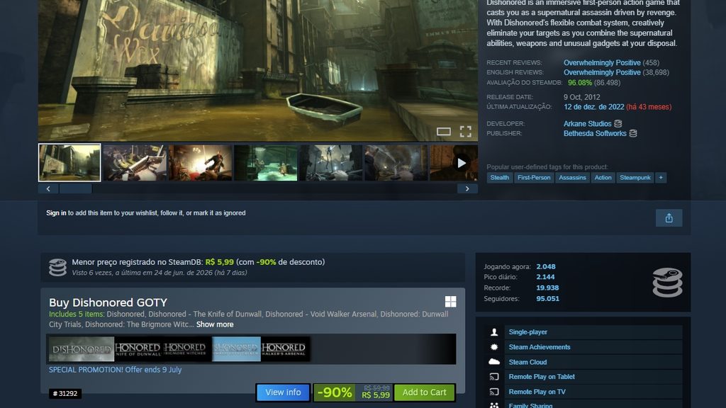 Página de Dishonored no Steam