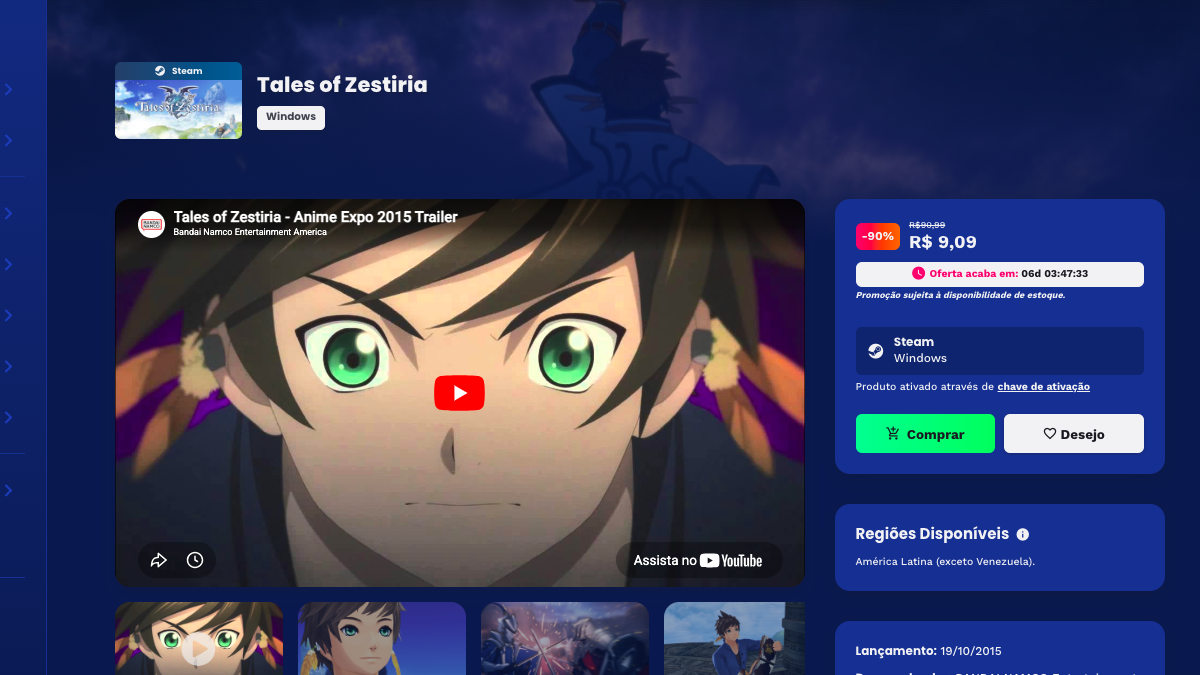 Página de Tales of Zestiria na Nuuvem