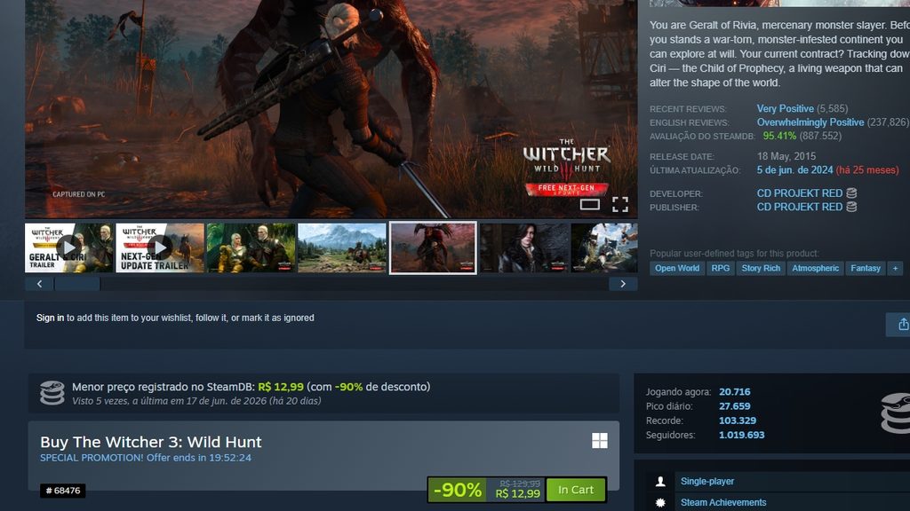 Página de The Witcher 3: Wild Hunt no Steam