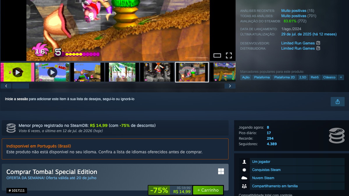 Página de Tomba! Special Edition no Steam